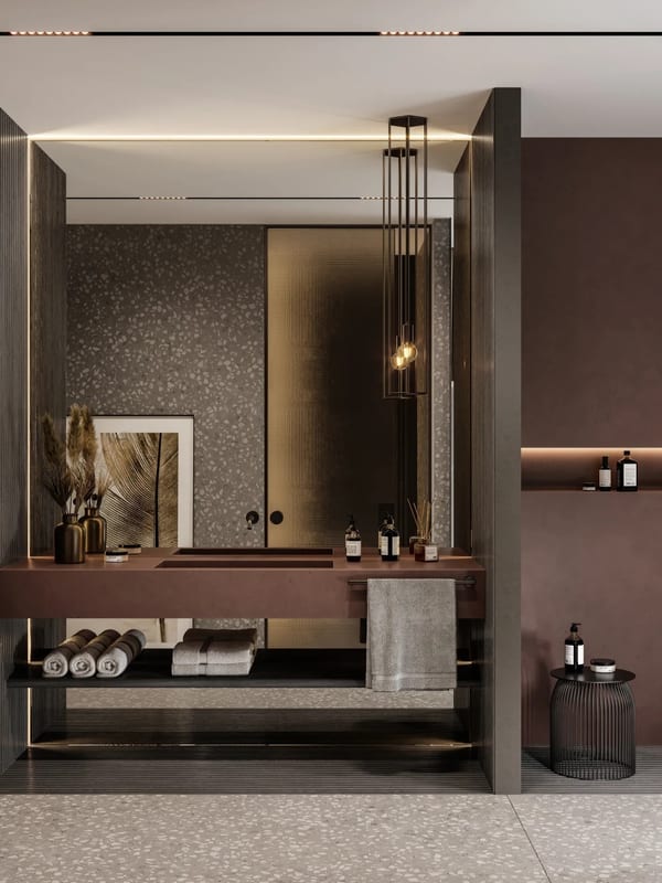 Beautifully organized bathroom with vanity mirror